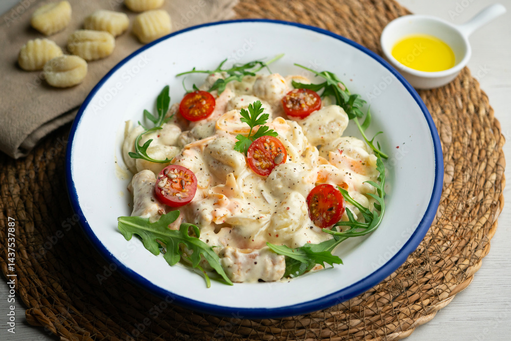Italian gnocchi salad with cream and arugula. Top view table. Italian gnocchi salad with cream and arugula. Top view table.