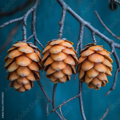 Pinecones hanging from a branch against a blue background in a natural setting during autumn season