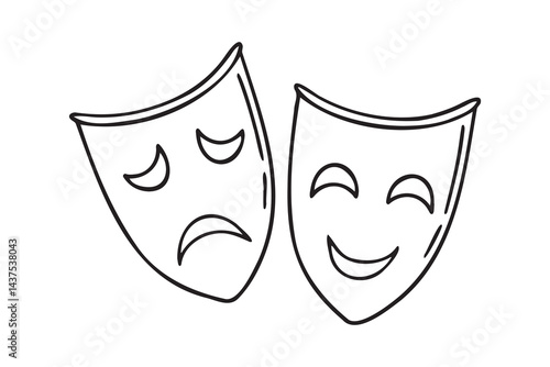 Two ancient traditional theatrical mask. greek game human masks doodle hand drawn icon. Outline drawing Comedy and tragedy mask line clipart symbol