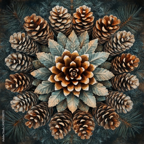 Intricate arrangement of pinecones and leaves in a symmetrical design set against a dark background