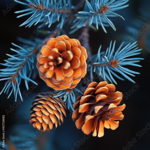 Natural beauty of pine cones on a branch with blue-green needles captured in a serene forest setting