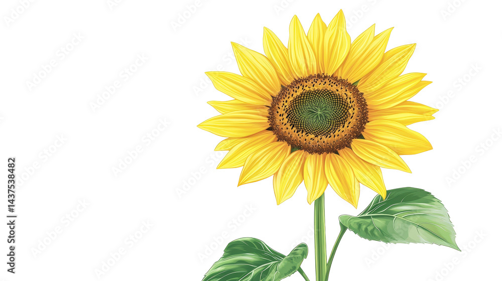 Fototapeta premium Bright Sunflower Blooming Against Black Background, Capturing the Essence of Summer with Vibrant Yellow Petals and Lush Green Leaves