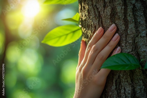 Connection with nature as a hand touches a tree trunk in a sunlit forest setting during the day