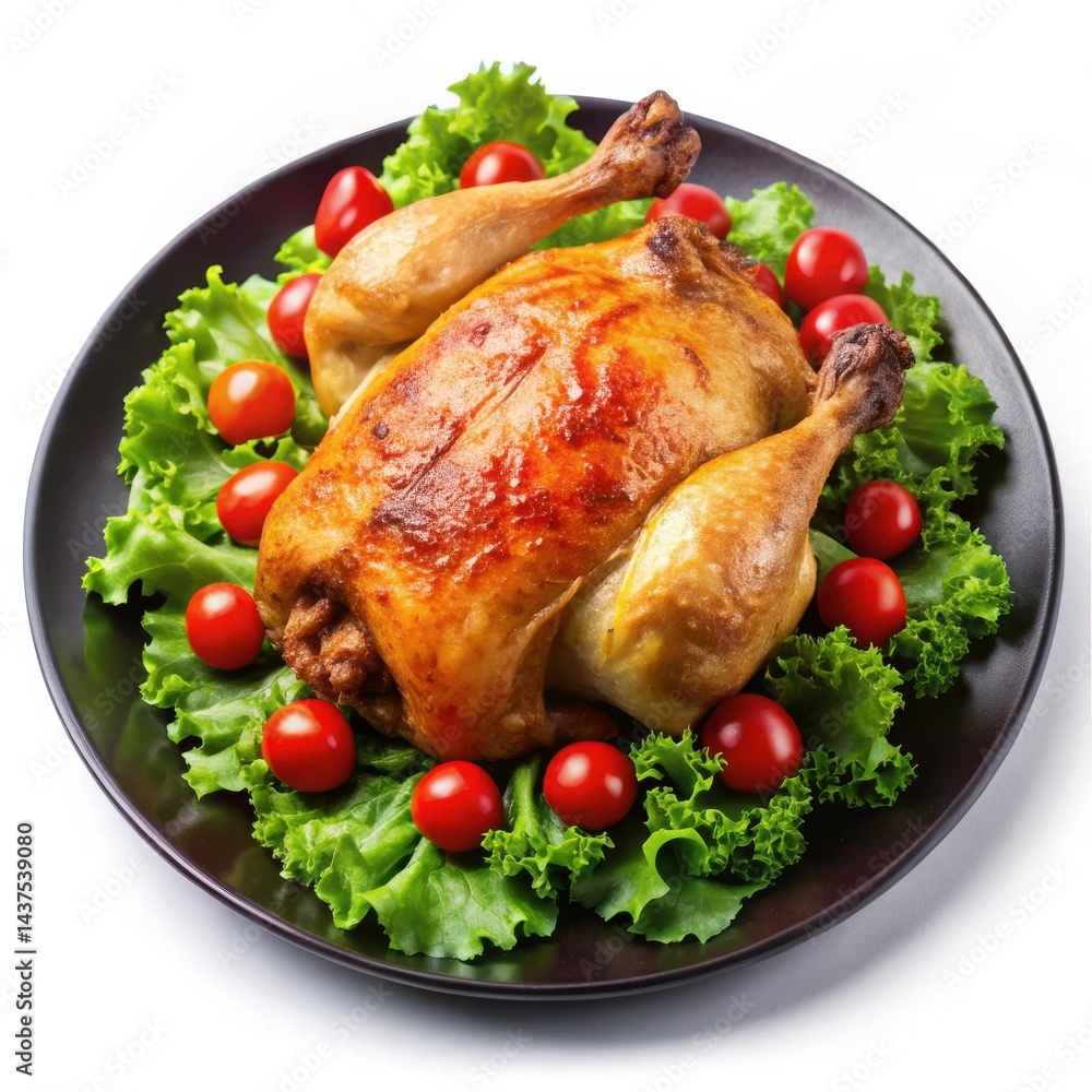 Delicious Roasted Chicken With Fresh Salad And Cherry Tomatoes On Plate Delicious Roasted Chicken With Fresh Salad And Cherry Tomatoes On Plate