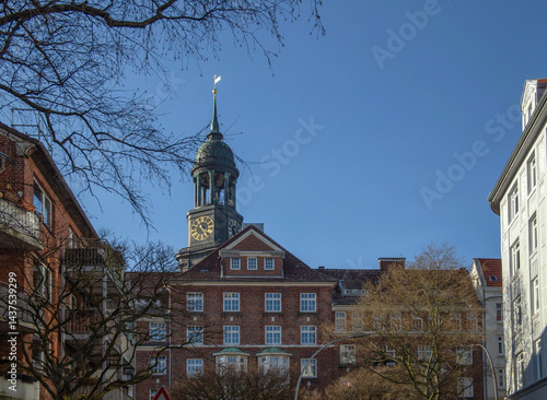 St Michaelis Church Tower Rising Above Historic Buildings in Hamburg Germany