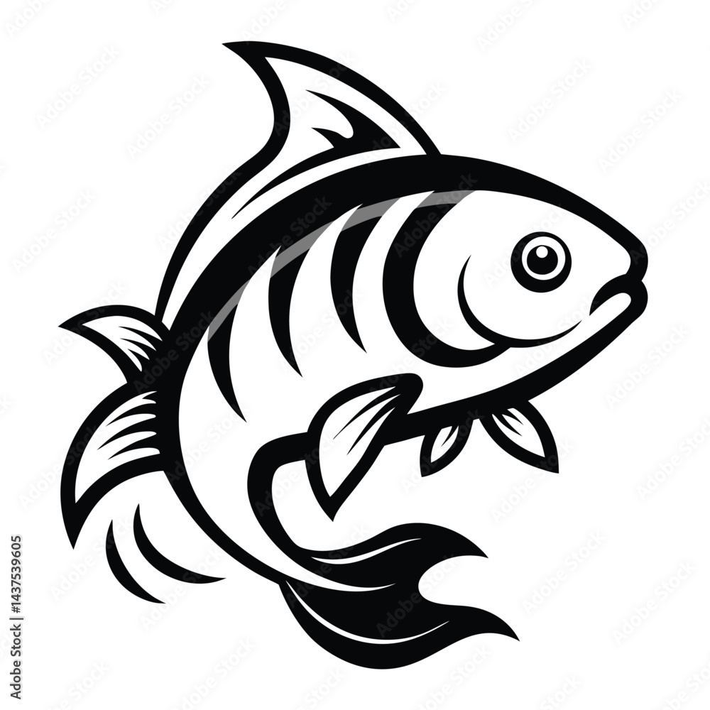 Bold Stylized Fish with Exaggerated Fins and Tail in Striking Black and White Silhouette Bold Stylized Fish with Exaggerated Fins and Tail in Striking Black and White Silhouette