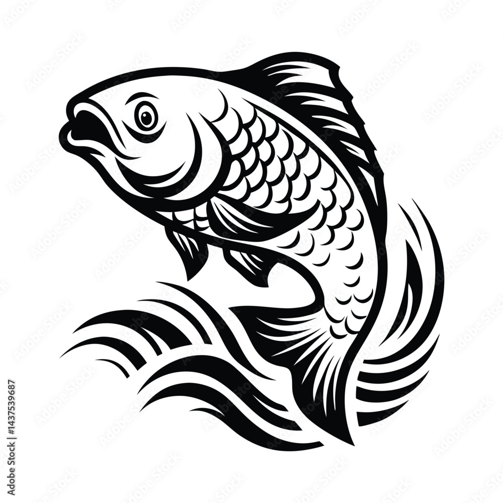 Leaping Fish Stylized Black and White Fish, Water Waves, Aquatic Animal Leaping Fish Stylized Black and White Fish, Water Waves, Aquatic Animal