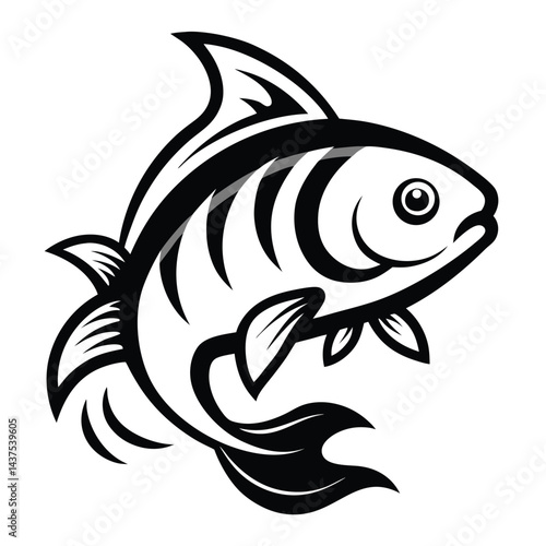 Bold Stylized Fish with Exaggerated Fins and Tail in Striking Black and White Silhouette