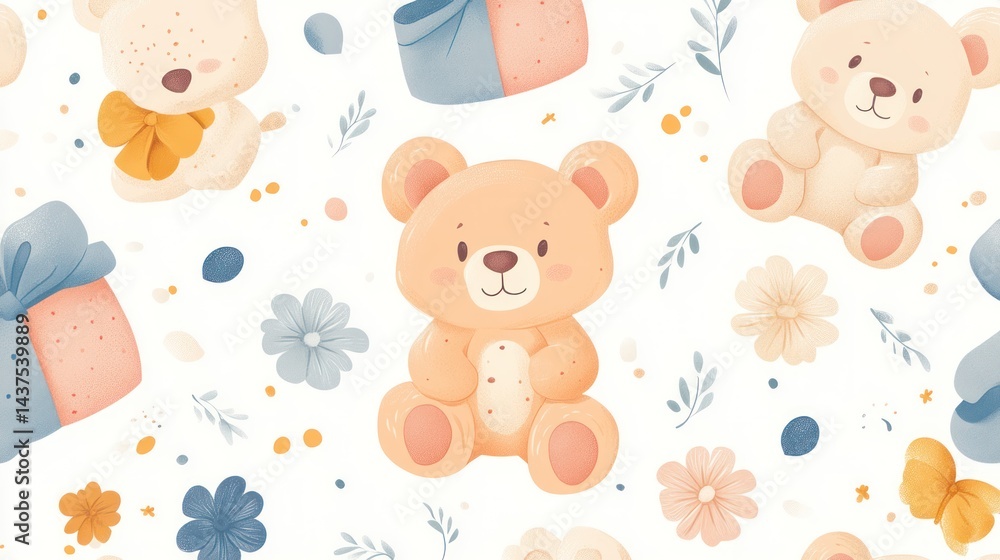 Playful teddy bears and gifts, a charming pattern design. Playful teddy bears and gifts, a charming pattern design.