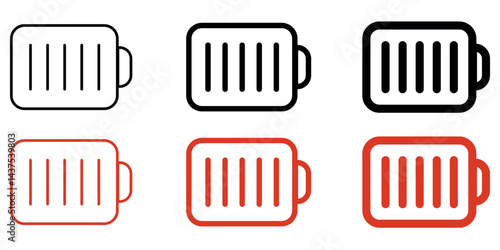 Battery icon vector set, outline style battery icon in black and red colors in trendy flat style illustration isolated on white background.