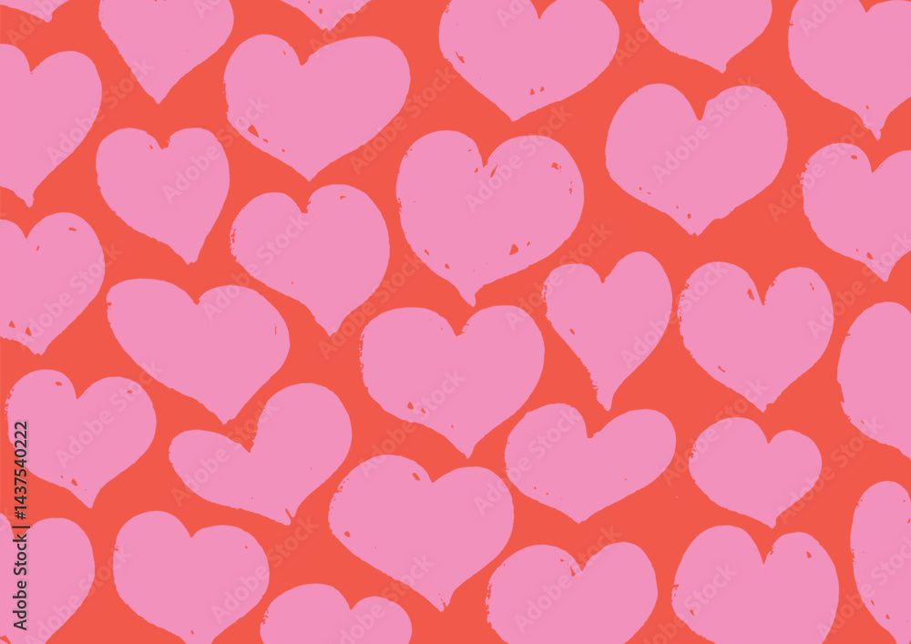 Seamless Pattern of Hand Drawn Pink Hearts on Red Background. Crayon Doodle Love Symbols with Grunge Texture. Romantic Valentine Repeat Design. Vector Illustration Seamless Pattern of Hand Drawn Pink Hearts on Red Background. Crayon Doodle Love Symbols with Grunge Texture. Romantic Valentine Repeat Design. Vector Illustration