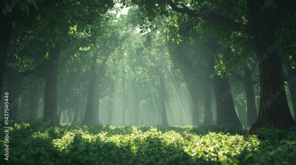 Fototapeta premium Sunlight streams into a vibrant green forest with thick trees and lush ground cover. Use this for projects needing nature, tranquility, or outdoor backgrounds.