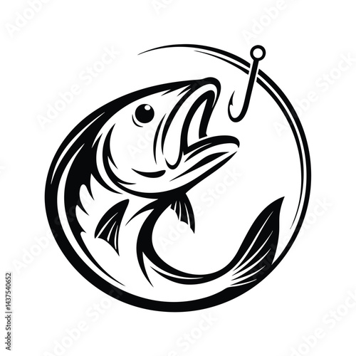 Black and White Fish Silhouette with Hook Marine Wildlife Icon Emblem Design 87