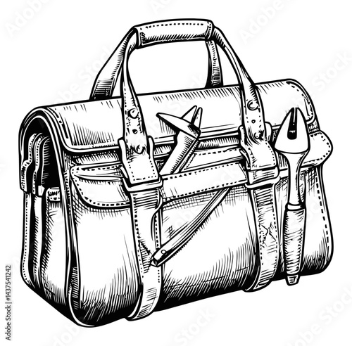 Vintage Engraving of a Tool Bag with Tools and Accessories