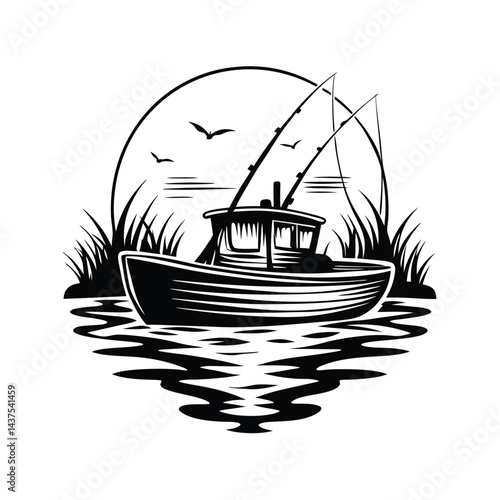 Silhouette Fishing Boat with Sunset, Two Fishing Rods, Birds, and Water Reflections