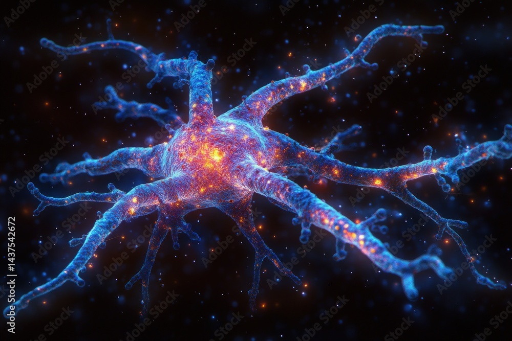 Nerve cell, glowing, intricate network Nerve cell, glowing, intricate network