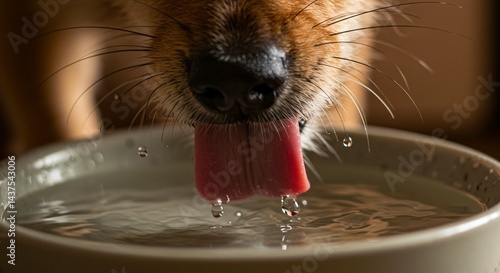 Dog Drinking Water Close Up Thirsty Canine Licking Bowl Refreshing Hydration