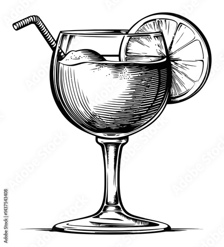 Vintage Engraving of a Cocktail Glass with Straw and Lemon Slice