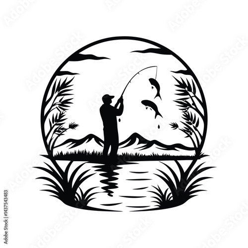 Silhouette Fisherman Catching Fish with Rod, Mountains, River, Nature, Black and White