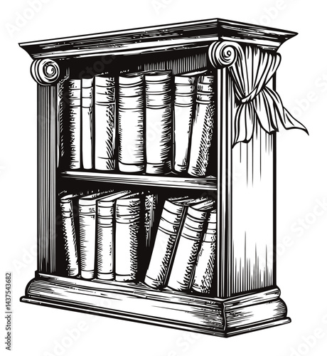 Detailed Engraving of a Classic Bookshelf with Bound Volumes