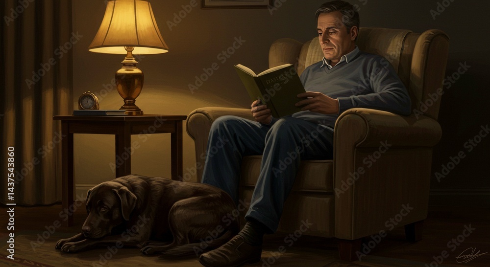Mature Man Relaxing in Armchair Reading Book by Lamplight with Dog Mature Man Relaxing in Armchair Reading Book by Lamplight with Dog
