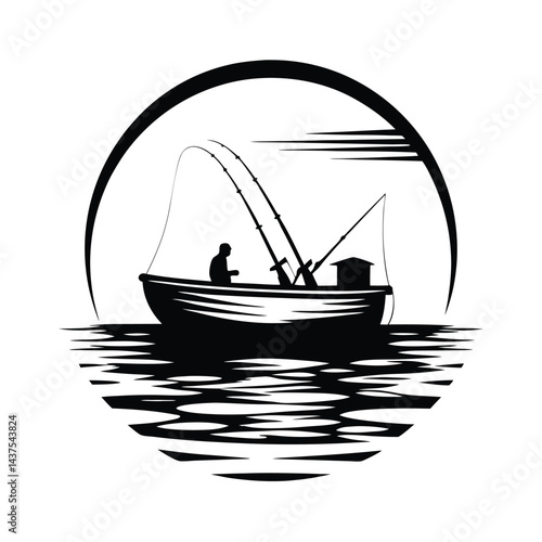 Minimalist Silhouette Man in Boat with Fishing Rods on Water under Arch Design