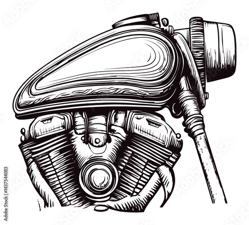 Detailed Hand-Drawn Engraving of Vintage Motorcycle Engine Design