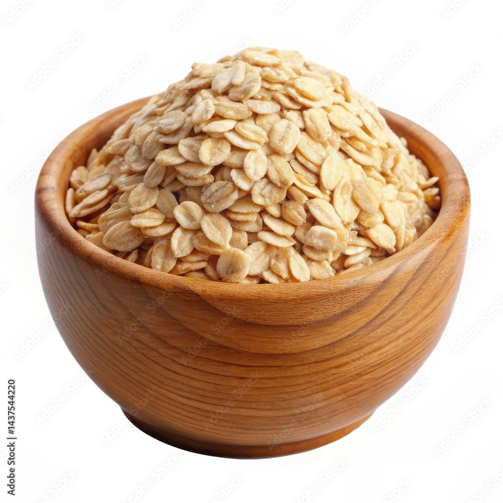 Rolled Oats Overflowing In Wooden Bowl Isolated On White Background Studio Shot Rolled Oats Overflowing In Wooden Bowl Isolated On White Background Studio Shot