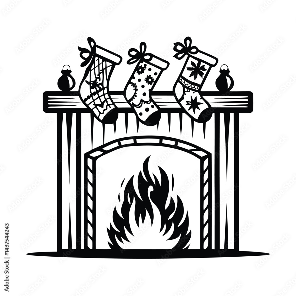 Fototapeta premium Silhouette Fireplace With Stockings, Candles, and Flames in Black and White Design