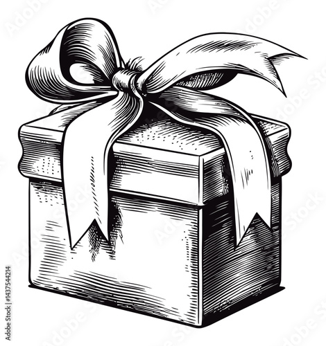 Vintage Engraving of a Gift Box with Ribbon and Bow