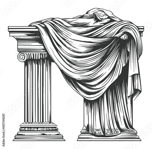 Classic Engraving of a Draped Statue on Column with Detailed Fabric