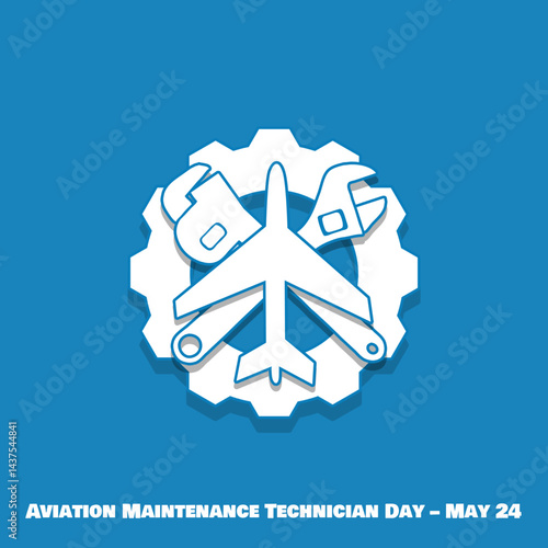 Aviation Maintenance Technician Day to celebrate on May 24th. Airplane icon with wrench and gear on turquoise background.
