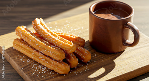 Spanish churros with thick hot chocolate, crispy fried dough dusted with sugar