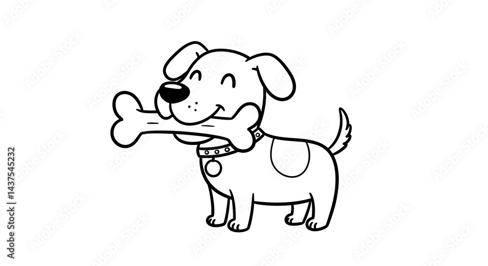 Happy Dog with Bone - Cute Line Art Illustration Happy Dog with Bone - Cute Line Art Illustration