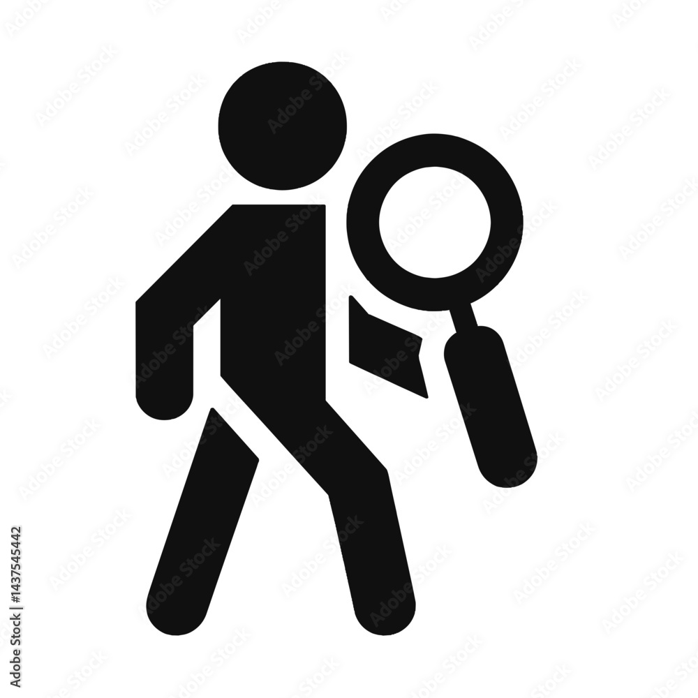Obraz premium Icon of a man walking with a magnifying glass exploring new ideas and possibilities on a white background, strategic thinking concept