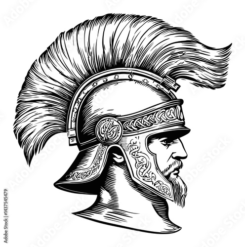 Detailed Engraving of a Roman Gladiator Helmet with Distinctive Crest