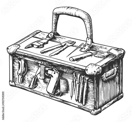 Vintage Engraving of a Tool Box with Various Hand Tools Inside