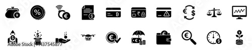 Currency Icons Pack - Euro, Dollar, Bitcoin, Credit Card, Wallet, Exchange, Security - Black Filled Icons