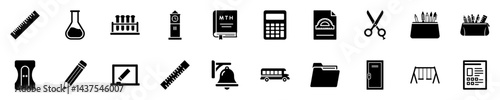 School Icons Pack - Science Lab, Classroom Supplies, School Bus, Clock Tower, Report Card, and More