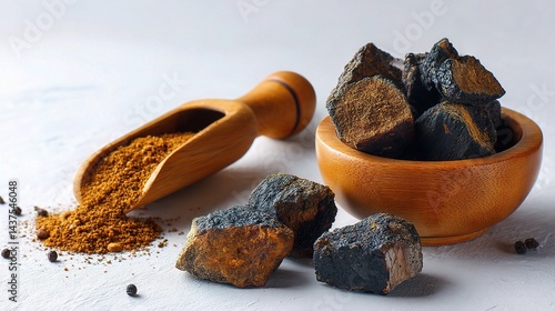 Rough Chaga Mushroom Chunks and Powder in Wooden Bowl and Scoop