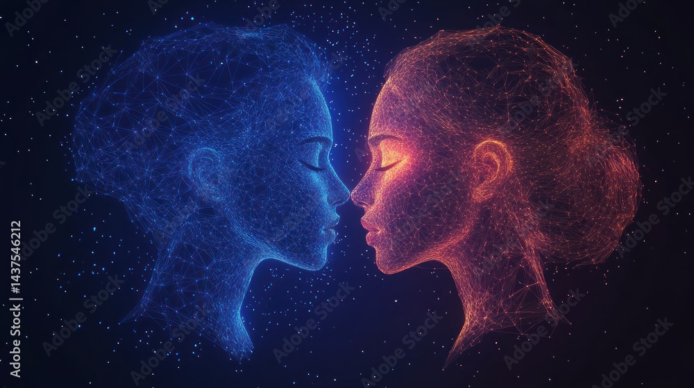 Naklejka premium Two faces, close, glowing, abstract