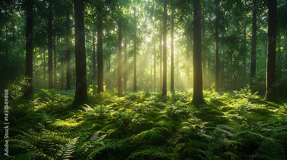 Obraz premium Sunlight shining through deep green forest high resolution picture
