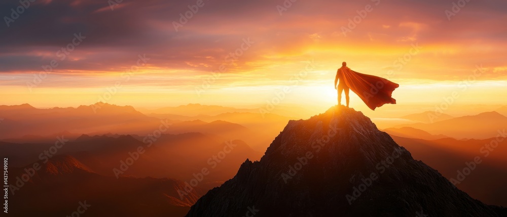 A hero stands triumphantly on a mountain peak during a vibrant sunset.
