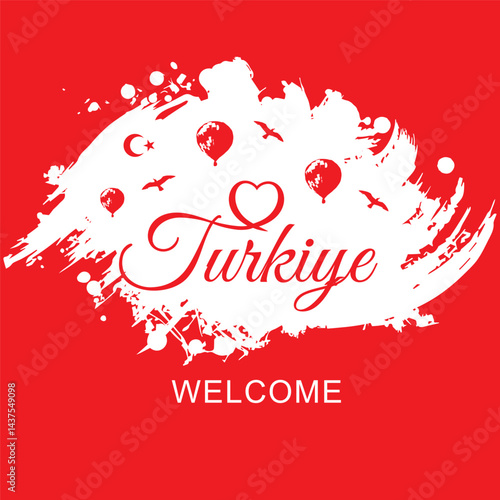 Welcome to Turkey! Red color,brush. Capadocia balloon, seagulls. The design of the travel concept to Turkey. Vector