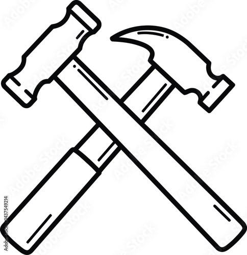 Tools of the Trade: Two hammers crossed in a simple, black-and-white line art illustration, perfect for conveying construction, craftsmanship, or the tools of a profession.