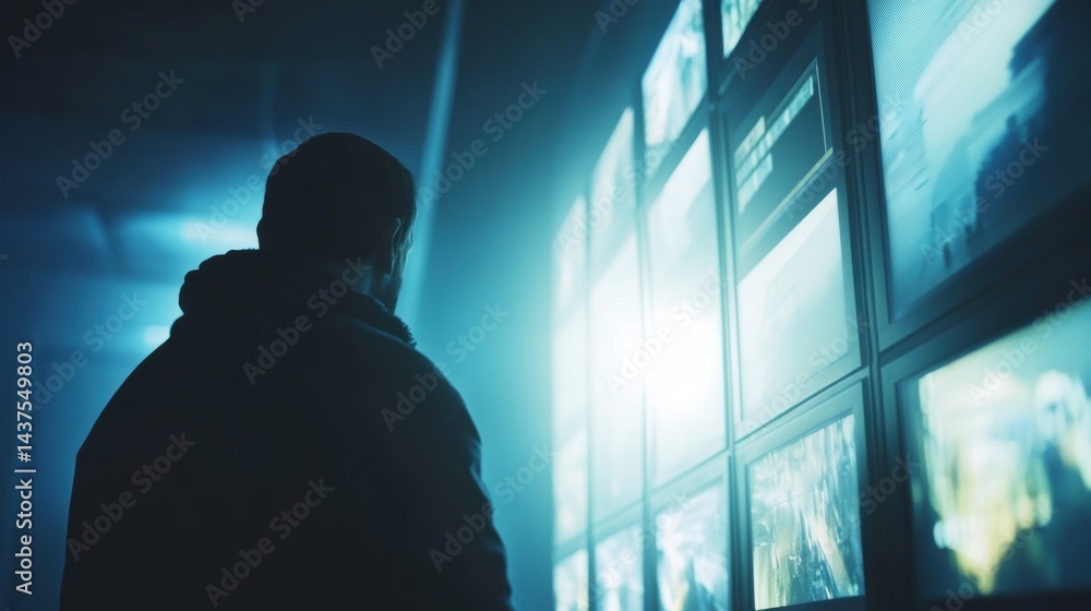Person stands in dark room facing many glowing screens Person stands in dark room facing many glowing screens