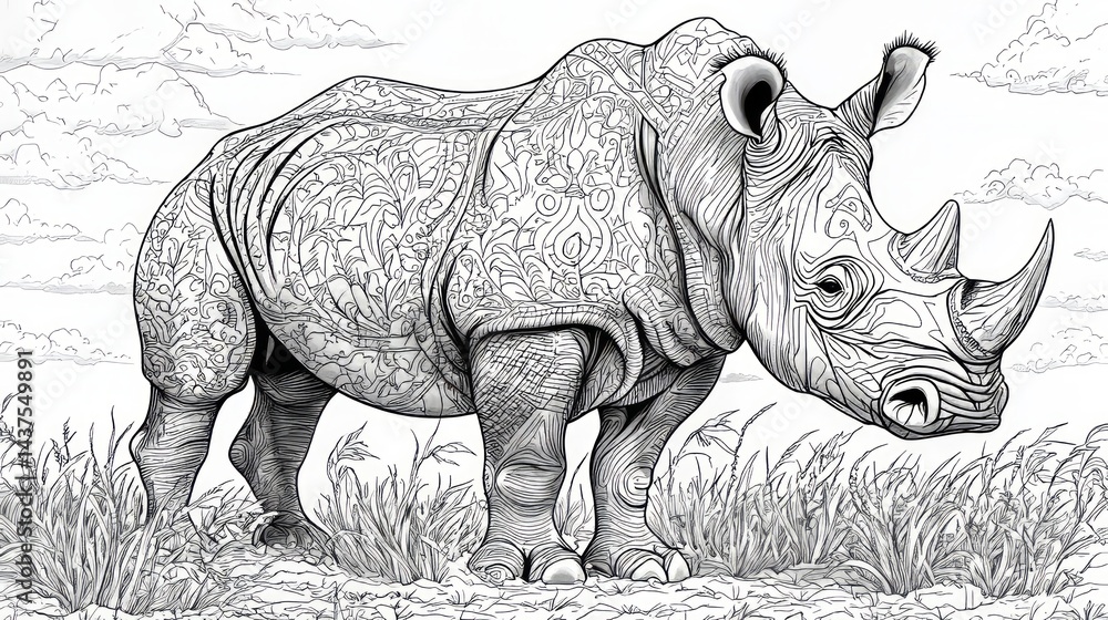 Fototapeta premium Black and White Rhino Coloring Page for Creative Art Projects