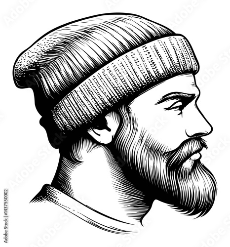 Engraved Illustration of a Man with Beanie and Full Beard Profile
