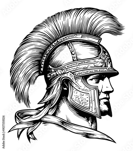 Detailed Engraving of a Gladiator with Plumed Helmet Profile View