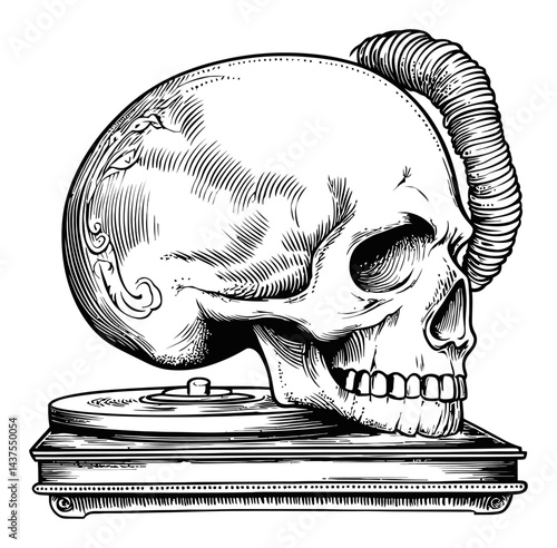 Skull Engraving in Vintage Style with Turntable and Horn
